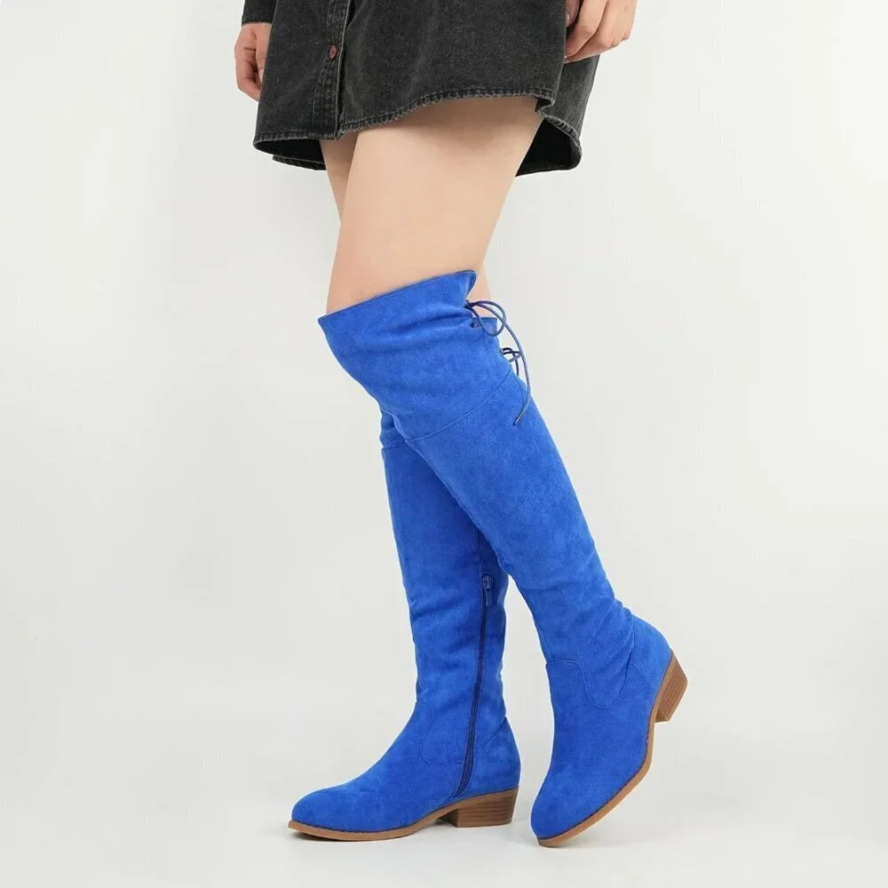 Women's Blue Faux Suede Thigh High Over The Knee Black Low Flat Heel Boots